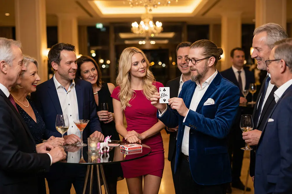 Zauberer bei Close-up-Zauberei direkt zwischen den Gästen