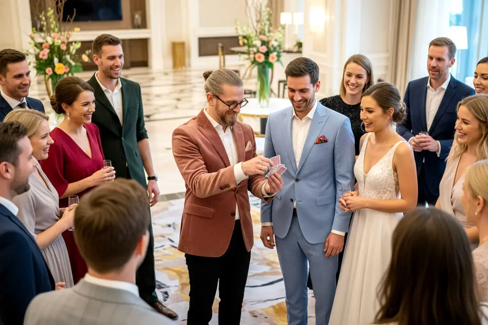 Zauberkünstler unterhält Hochzeitsgäste beim Sektempfang